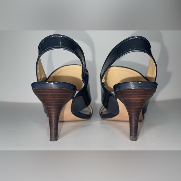 Coach Marla Patent Leather Open Toe Turnlock Slingback Heels Navy Size 7 - Picture 3 of 4